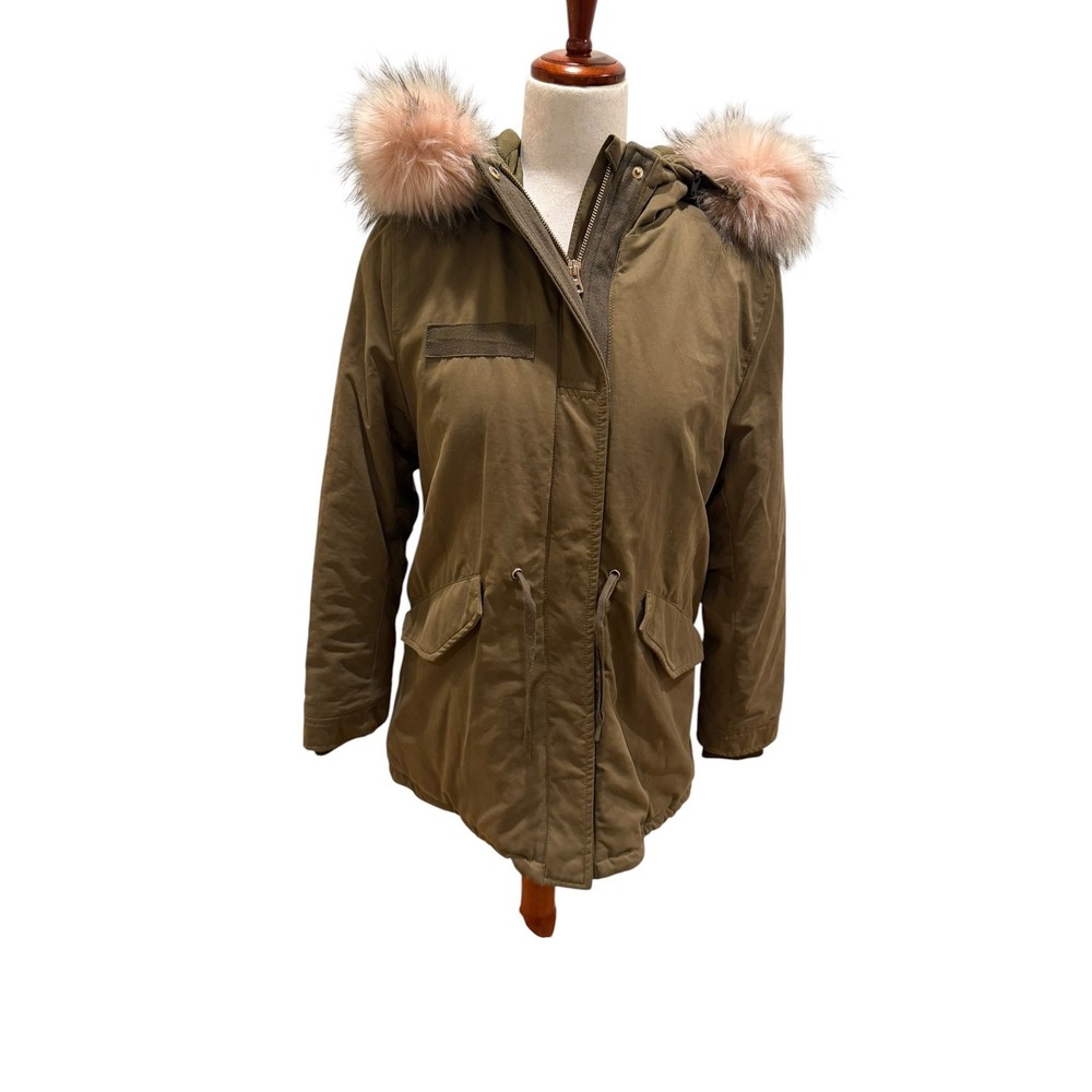 Zara Girls Olive Green Hooded‎ Parka Pink Faux Fur Trim Size 14 164cm Coat